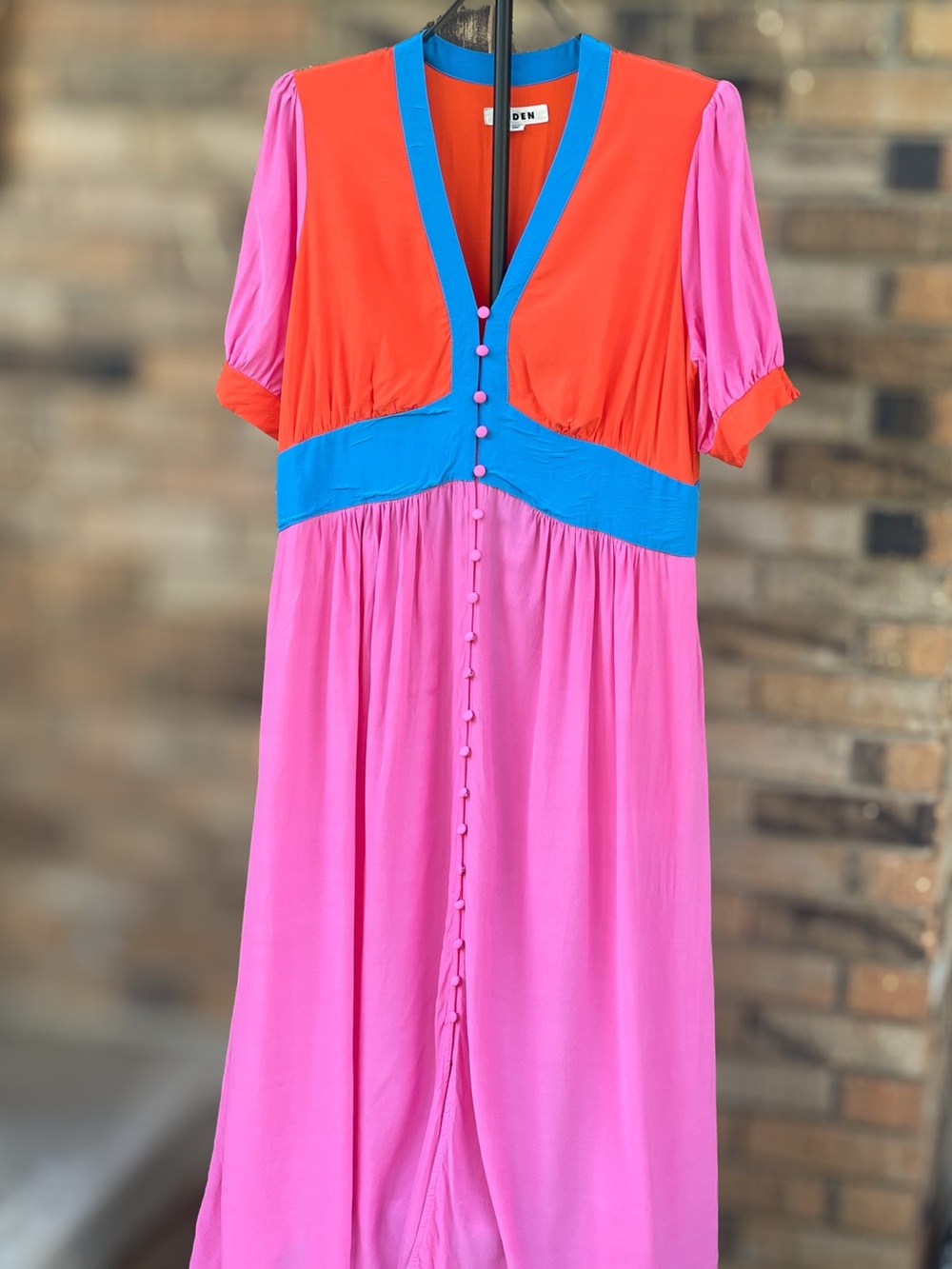 Boden US 10R Pink Orange Blue Colorblock Button Front Midi Dress